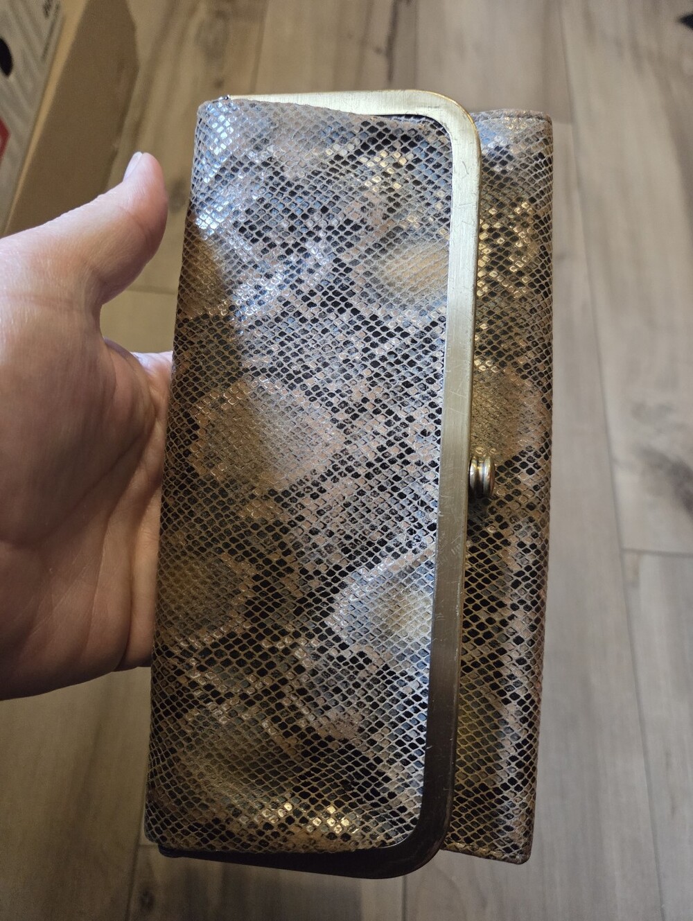 Hobo Snake-Print Clutch Wallet in Brown and Gold